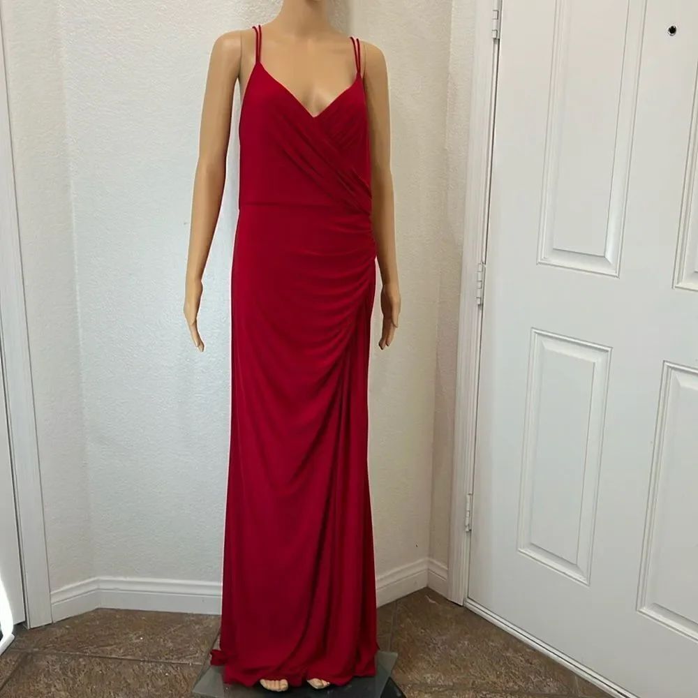 Adriana Papel Womans Red Dress Sz 10 Slimming Ruching Spaghetti Strap Slit Front